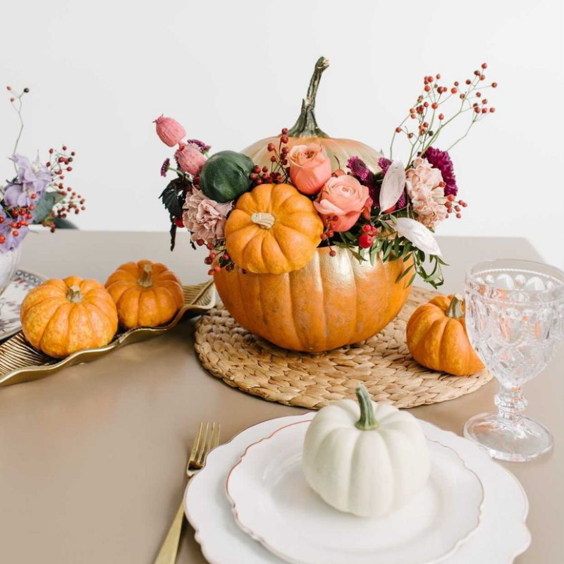 Pink pumpkin & floral centrepiece arrangement from Blossom Moments