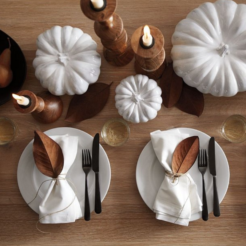 White pumpkin & wooden candleholders from Crate & Barrel